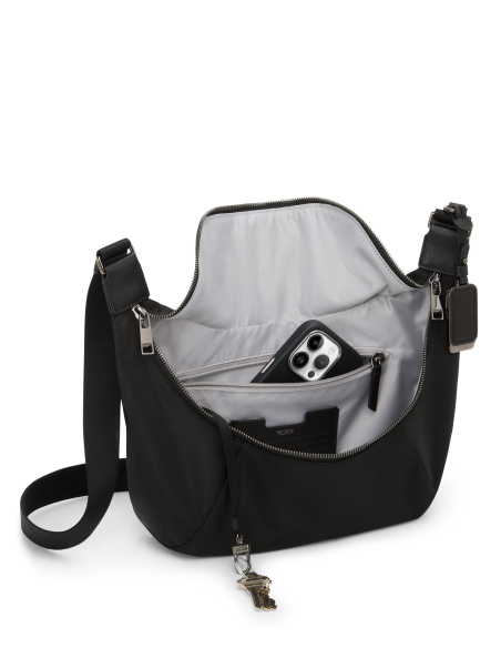 Sac bandoulière Alabama TUMI Black/Gunmetal, intérieur ouvert avec téléphone et attache-clés