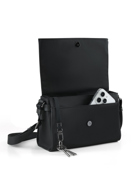 Sac à rabat Azalea TUMI Black/Gunmetal, rabat ouvert avec téléphone et attache-clés