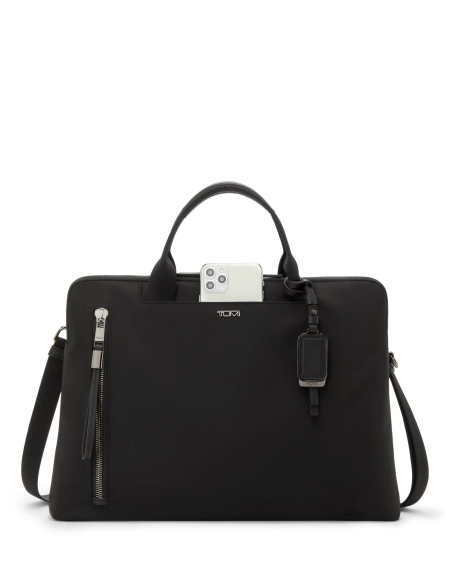 Sacoche ordinateur Bénin TUMI Black/Gunmetal, poche avant ouverte avec téléphone