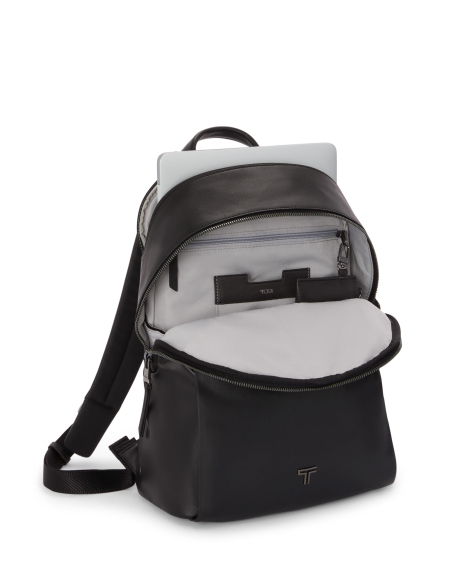 Sac à dos Medium Raina cuir TUMI Black/Gunmetal, compartiment ordinateur ouvert
