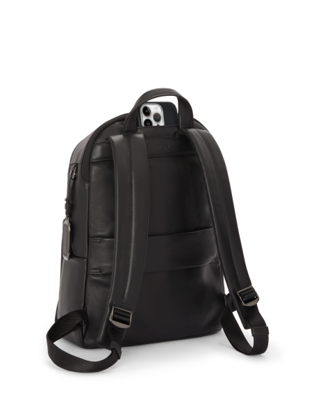 Sac à dos Medium Raina cuir TUMI Black/Gunmetal, poche arrière avec téléphone