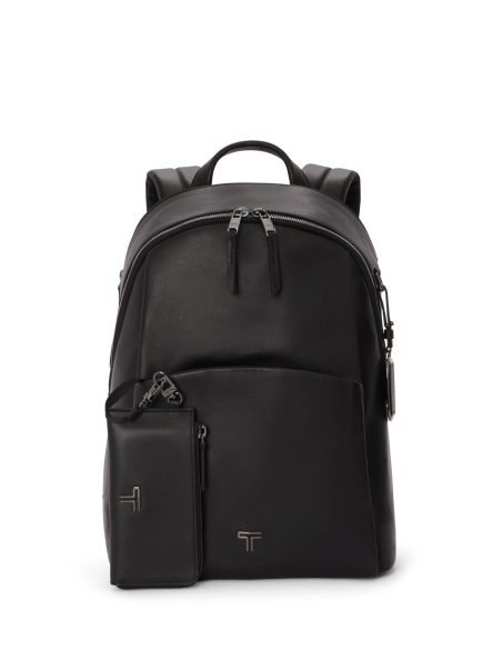 Sac à dos Medium Raina cuir TUMI Black/Gunmetal, pochette attachée devant le sac