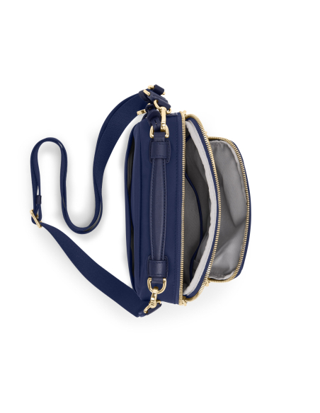 Sac bandoulière Teghan nylon TUMI Indigo/Light Gold, compartiment principal ouvert