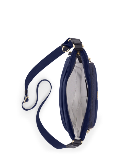 Sac bandoulière Tyler nylon TUMI Indigo/Light Gold, compartiment principal ouvert