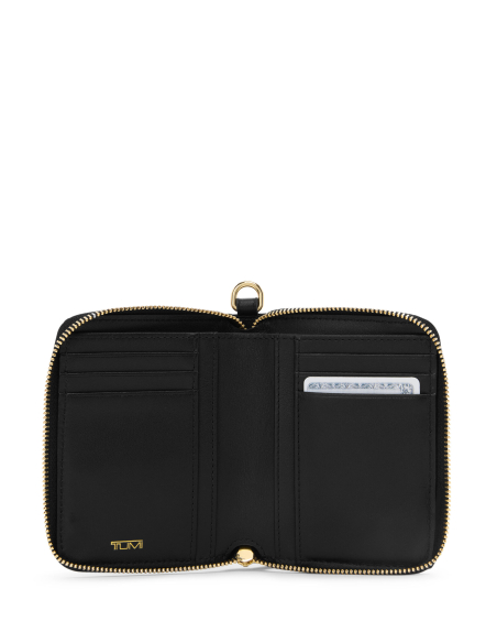 Portefeuille à deux volets TUMI Black/Gold, intérieur ouvert avec rangements pour cartes