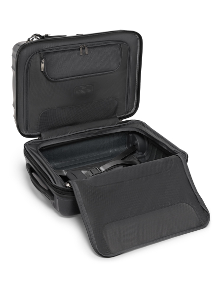 Valise cabine extensible TUMI Latitude 55 cm Carbon Black, intérieur avec panneau rabattu et sangles visibles