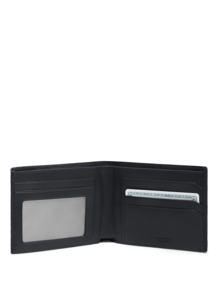 Portefeuille TUMI Nassau 5 cartes en cuir embossé Black Embossed, intérieur ouvert avec rangements cartes et fenêtre