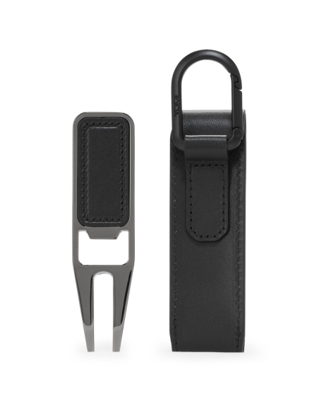 Relève-pitch de golf TUMI avec étui en cuir Black, dos de l’outil et étui