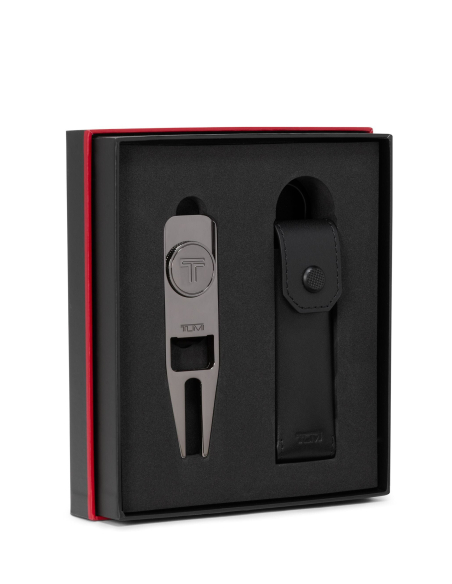 Relève-pitch de golf TUMI avec étui en cuir Black, outil et étui dans leur coffret