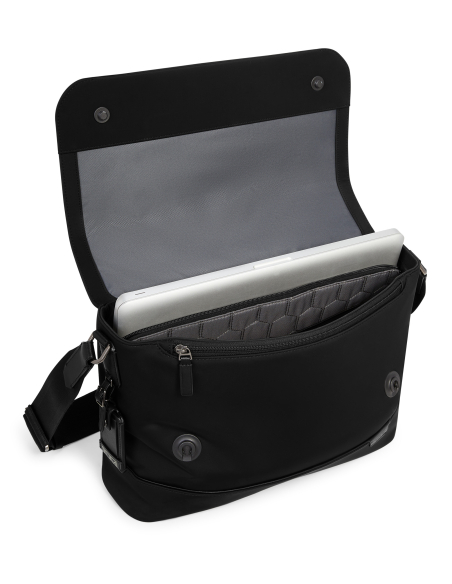 Compartiment ordinateur ouvert de la TUMI Harrison Midland Black, rabat relevé