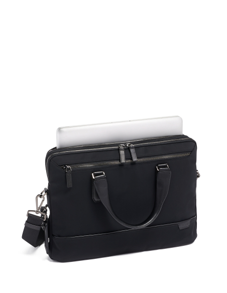 TUMI Harrison Sycamore Noir : compartiment ordinateur ouvert avec un portable