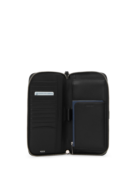 Portefeuille TUMI Belden Black/Gunmetal ouvert, rangements pour cartes et passeport