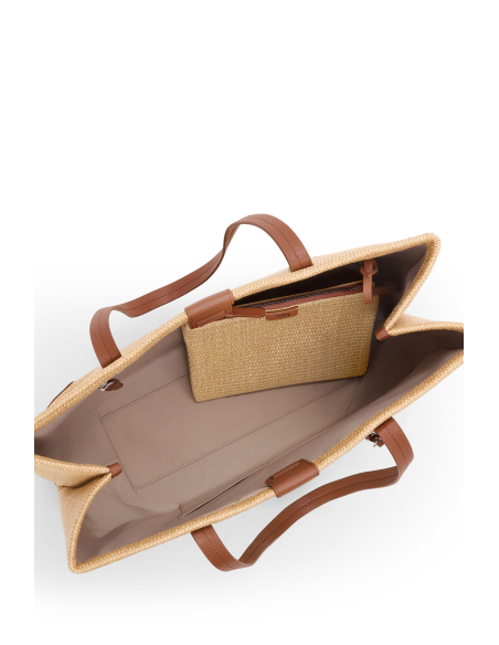 Cabas Milos tressé TUMI Olas Natural, intérieur ouvert et pochette tressée