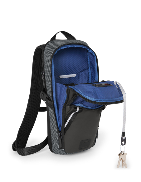 Sac à dos vélo Alliance Biking TUMI Alpha Bravo Dark Obsidian, poches ouvertes et attache-clés