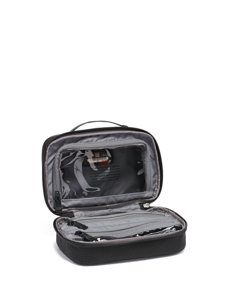 Trousse de toilette Split TUMI Alpha 3 Black, vue ouverte des poches à fenêtres transparentes