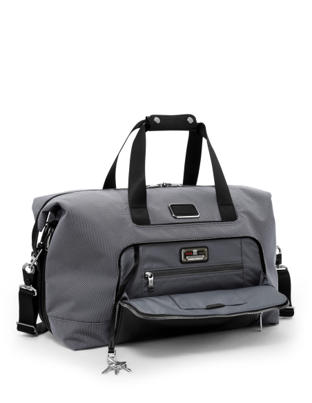 Sac de voyage double extension TUMI Alpha X Meteor Grey, poche avant ouverte et attache-clés