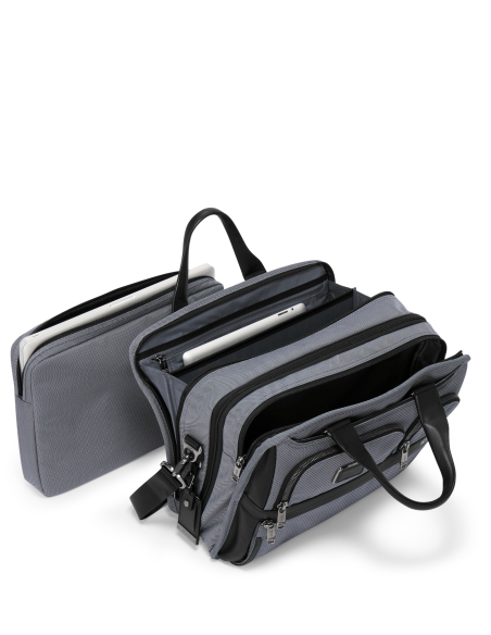 Serviette extensible 15 pouces TUMI Alpha X Meteor Grey, housse ordinateur retirée et compartiments ouverts