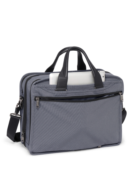 Serviette extensible 15 pouces TUMI Alpha X Meteor Grey, rangements arrière et exemple avec ordinateur