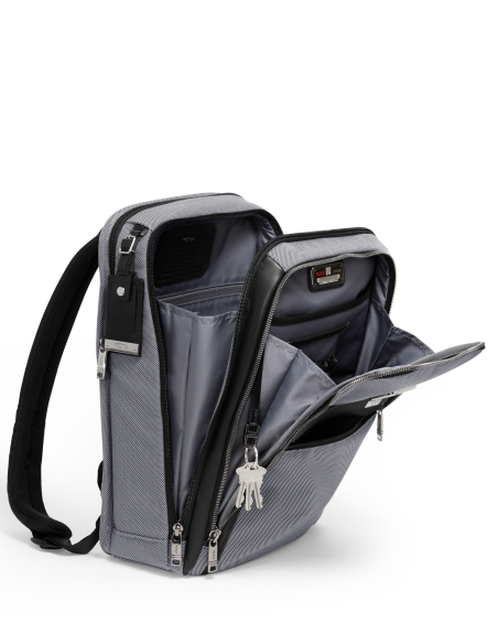 Sac à dos Slim 14 pouces TUMI Alpha X Meteor Grey, poche avant ouverte avec organisation