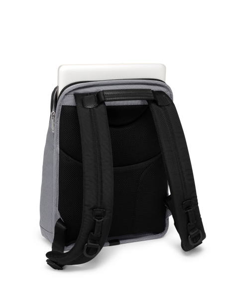 Sac à dos Slim 14 pouces TUMI Alpha X Meteor Grey, vue arrière avec accès ordinateur illustré