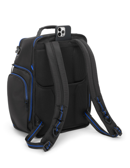 Sac à dos Brief Pack 15 pouces TUMI Alpha Black/Ultra Blue, vue arrière avec bretelles et poche téléphone