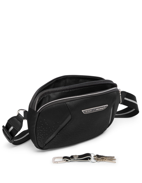 Pochette utilitaire Lumin en jacquard TUMI McLaren Night Galaxy, compartiment ouvert avec attache-clés