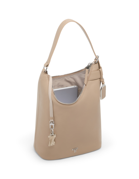 Sac hobo Evora en cuir TUMI Voyageur Oat, intérieur ouvert avec tablette illustrative