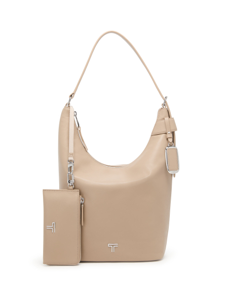 Sac hobo Evora en cuir TUMI Voyageur Oat, porte-cartes amovible présenté à côté du sac