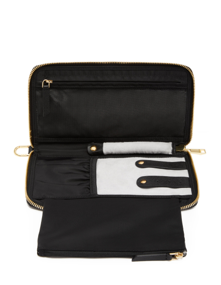 Pochette bijoux Vevay TUMI Voyageur Black/Gold, pochette ouverte avec rangements et rouleau à bagues