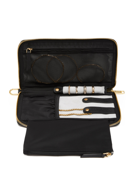 Pochette bijoux Vevay TUMI Voyageur Black/Gold, exemple de rangement des bijoux et lunettes