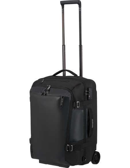 Sac cabine convertible Samsonite Armox 55 cm Noir, vue de trois quarts avec poignée télescopique déployée