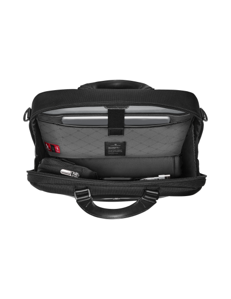 Serviette compacte Victorinox Mythic 14 pouces Noir – rangements intérieurs en situation