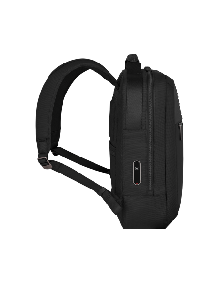 Sac à dos compact Victorinox Mythic 14 pouces Noir – côté avec plaque Victorinox