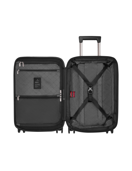 Valise cabine Frequent Flyer Victorinox Mythic 4 roues extensible 55 cm Noir – intérieur ouvert et sangles