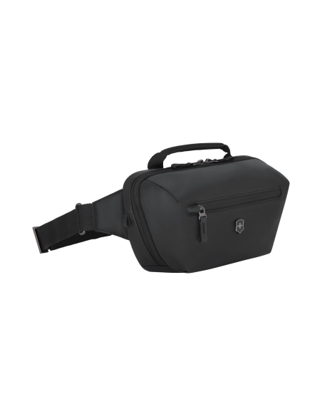 Sac bandoulière 28cm Victorinox Touring noir – vue de trois quarts avec poche avant et bandoulière