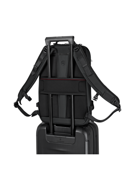 Sac à dos urbain extensible 15,6 pouces Victorinox Touring noir – passant arrière sur la poignée télescopique d’une valise