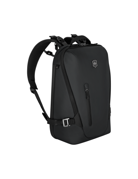 Sac à dos urbain extensible 15,6 pouces Victorinox Touring noir – vue de trois quarts avec poche avant et sangles latérales