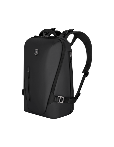 Sac à dos urbain extensible 15,6 pouces Victorinox Touring noir – vue de trois quarts avec poche avant et sangles latérales