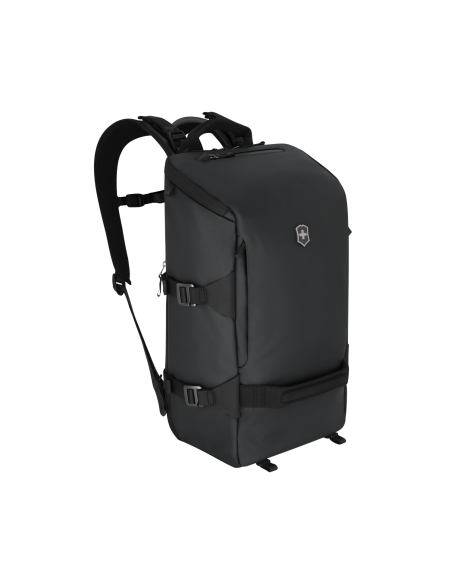 Sac à dos compact 14 pouces Victorinox Touring noir – vue de trois quarts avec poche avant et sangles latérales