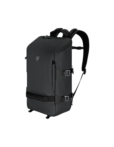 Sac à dos compact 14 pouces Victorinox Touring noir – vue de trois quarts avec poche avant et sangles latérales