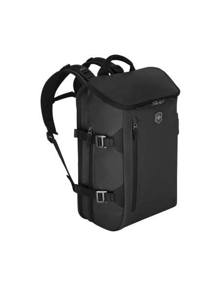 Sac à dos Commuter 15,6 pouces Victorinox Touring noir – vue de trois quarts avec poche avant et sangles latérales