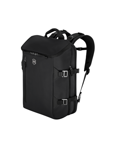 Sac à dos Commuter 15,6 pouces Victorinox Touring noir – vue de trois quarts avec poche avant et sangles latérales