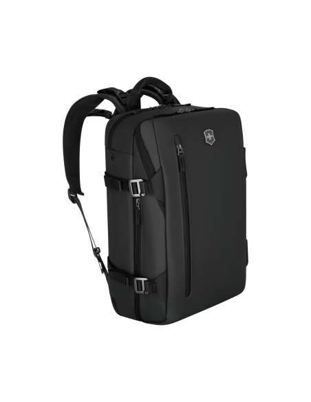 Sac à dos de voyage Traveler 15,6 pouces Victorinox Touring noir – vue de trois quarts avec poche avant et sangles latérales