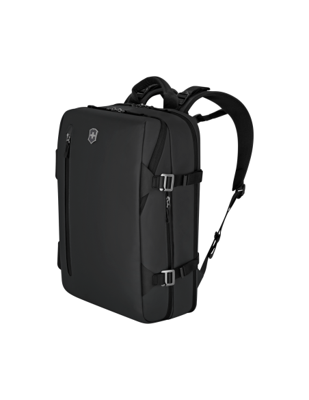 Sac à dos de voyage Traveler 15,6 pouces Victorinox Touring noir – vue de trois quarts avec poche avant et sangles latérales