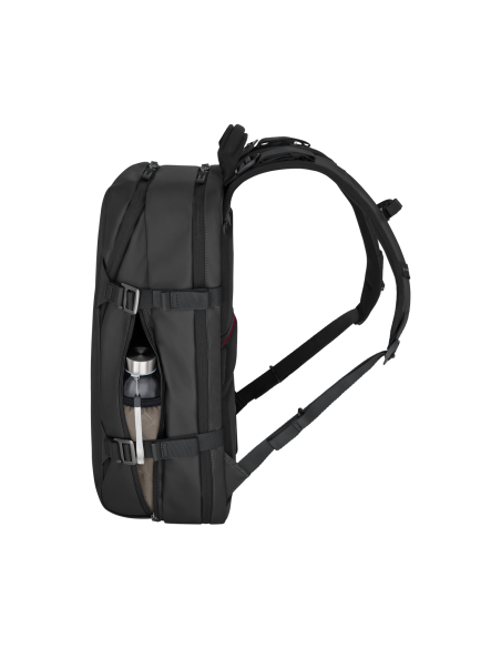 Sac à dos de voyage Traveler 15,6 pouces Victorinox Touring noir – autre profil avec bouteille dans le rangement latéral