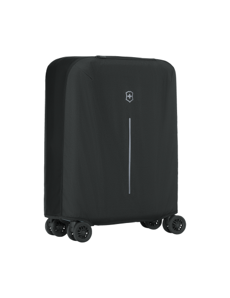 Housse valise cabine Victorinox Travel Essentials Noir, vue de trois quarts gauche sur une valise