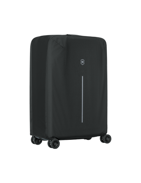 Housse valise moyenne Victorinox Travel Essentials Noir, vue de trois quarts gauche sur une valise