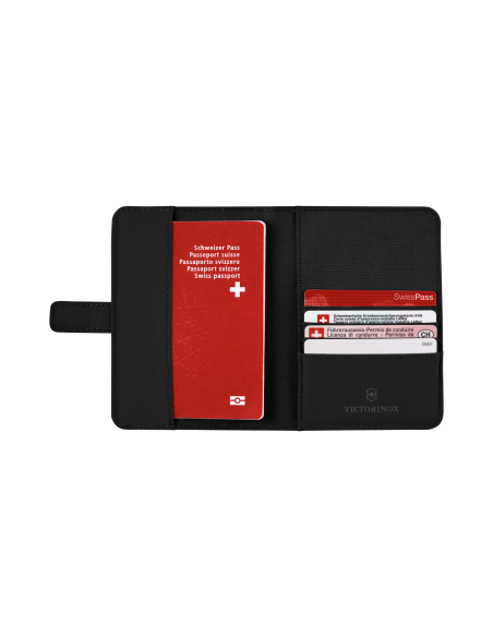 Étui passeport Victorinox Travel Essentials Noir, étui ouvert avec passeport et cartes