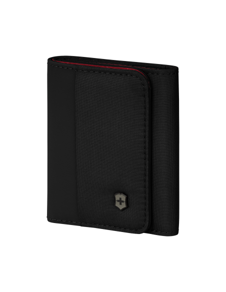 Portefeuille trois volets Victorinox Travel Essentials Noir, portefeuille fermé de trois quarts