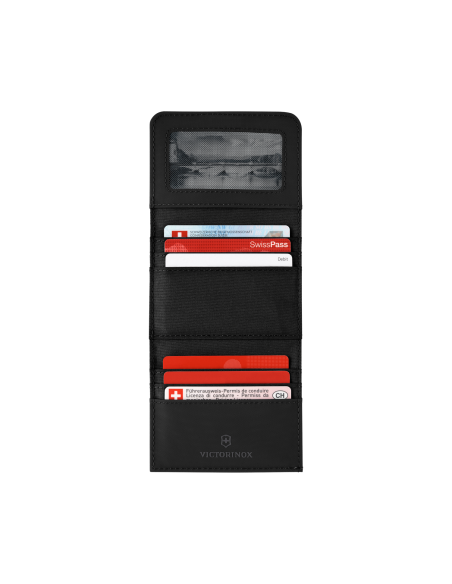 Portefeuille trois volets Victorinox Travel Essentials Noir, trois volets dépliés et cartes
